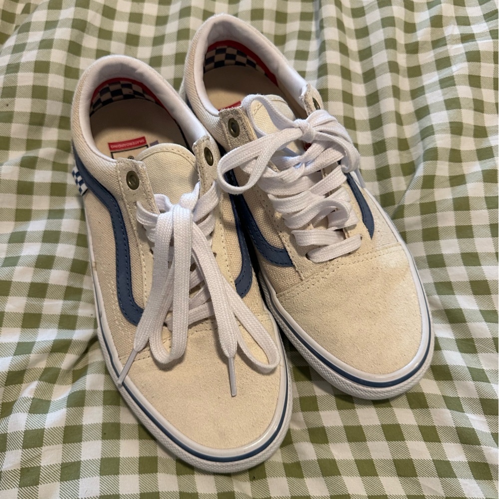Vans Cream & Blue Canvas Checkered Old Skool Skate Shoe Men’s 5.5 Women’s 7